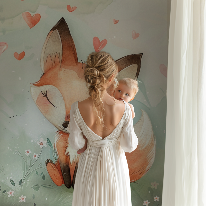 Forest fox wallpaper styled in a modern nursery with white furniture and soft pink accents