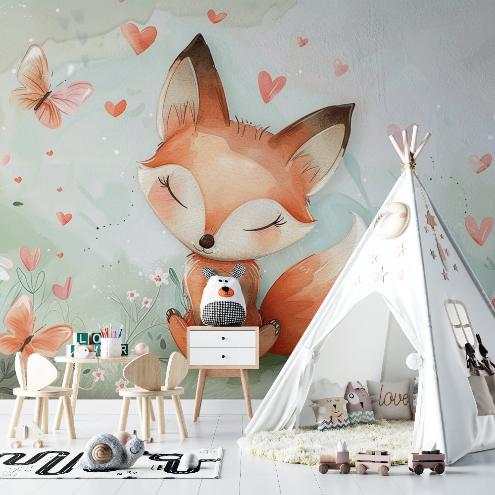 Mint green fox wallpaper installed in a baby girl's nursery