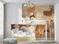 Forest animals wallpaper in modern nursery with wooden crib and natural decor