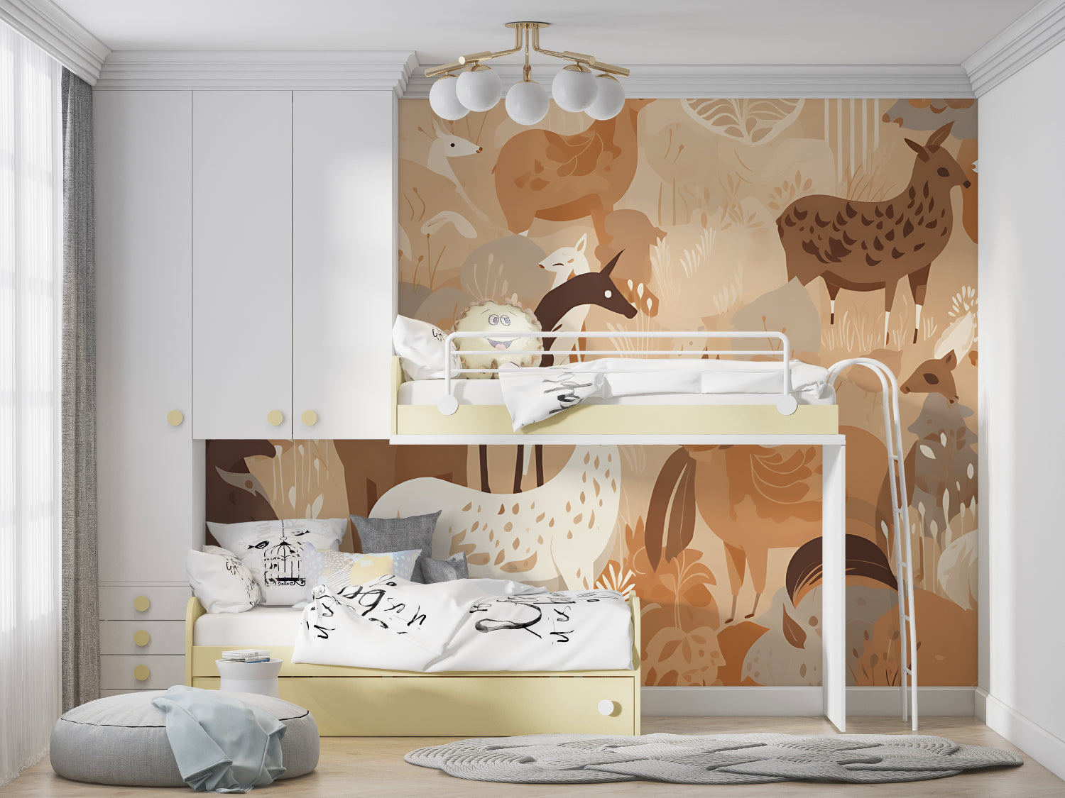 Forest animals wallpaper in modern nursery with wooden crib and natural decor
