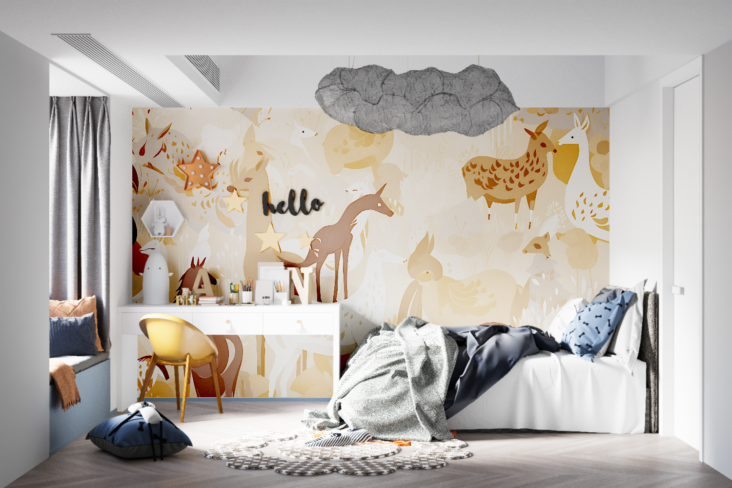 Terracotta woodland mural in cozy reading nook with floor cushions