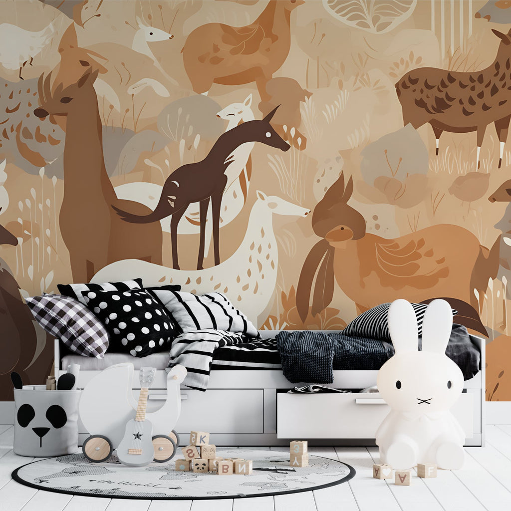 Safari animals wallpaper in playroom with natural light and toy storage