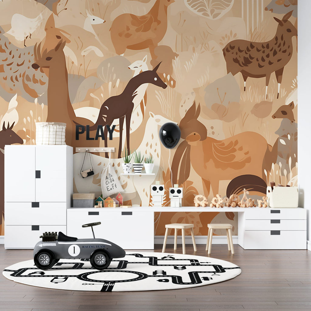 Woodland wallpaper creating feature wall in family room setting