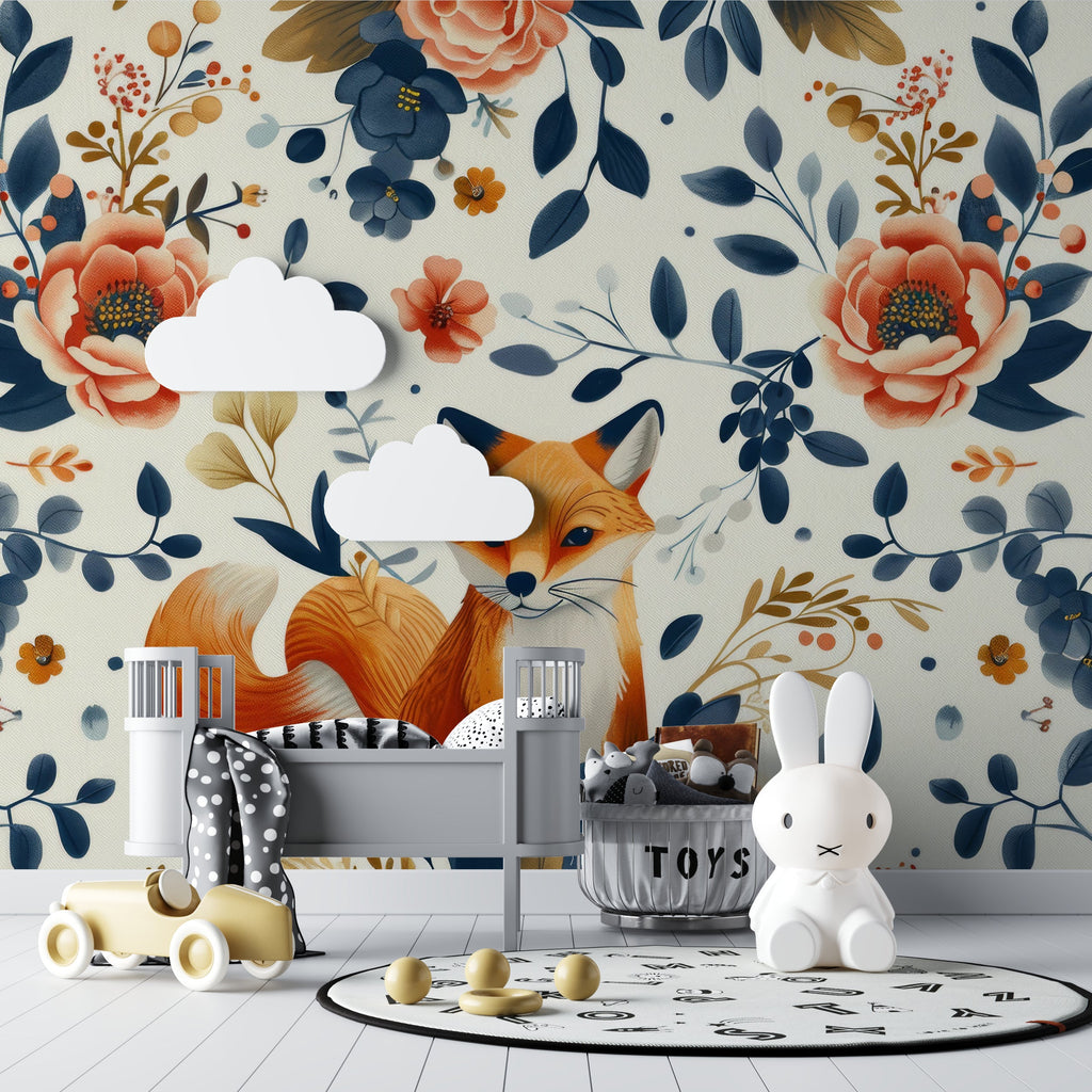 Woodland fox wall mural creating a cozy reading nook in a children's bedroom