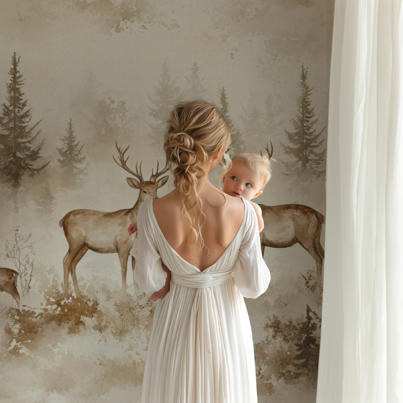 Woodland animals wallpaper displayed in a dining room with contemporary furniture