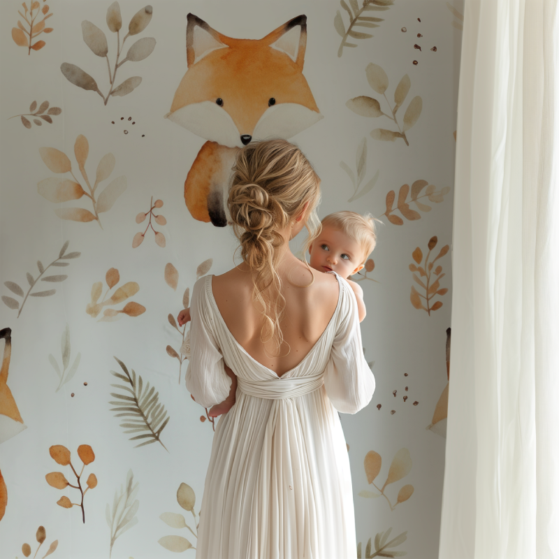 Watercolor forest animals mural in a gender-neutral nursery setting