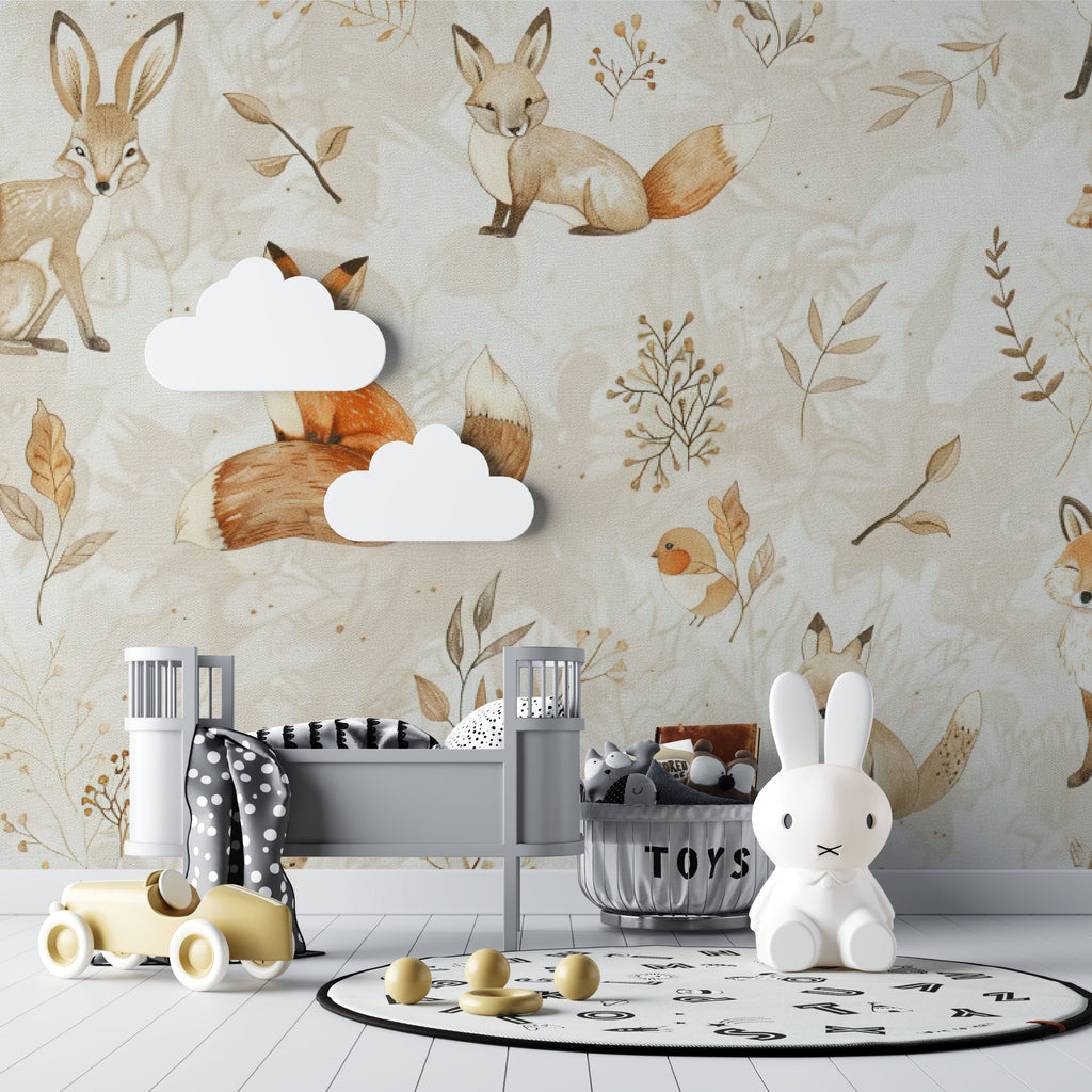Forest animals wallpaper creating calm atmosphere in toddler's bedroom