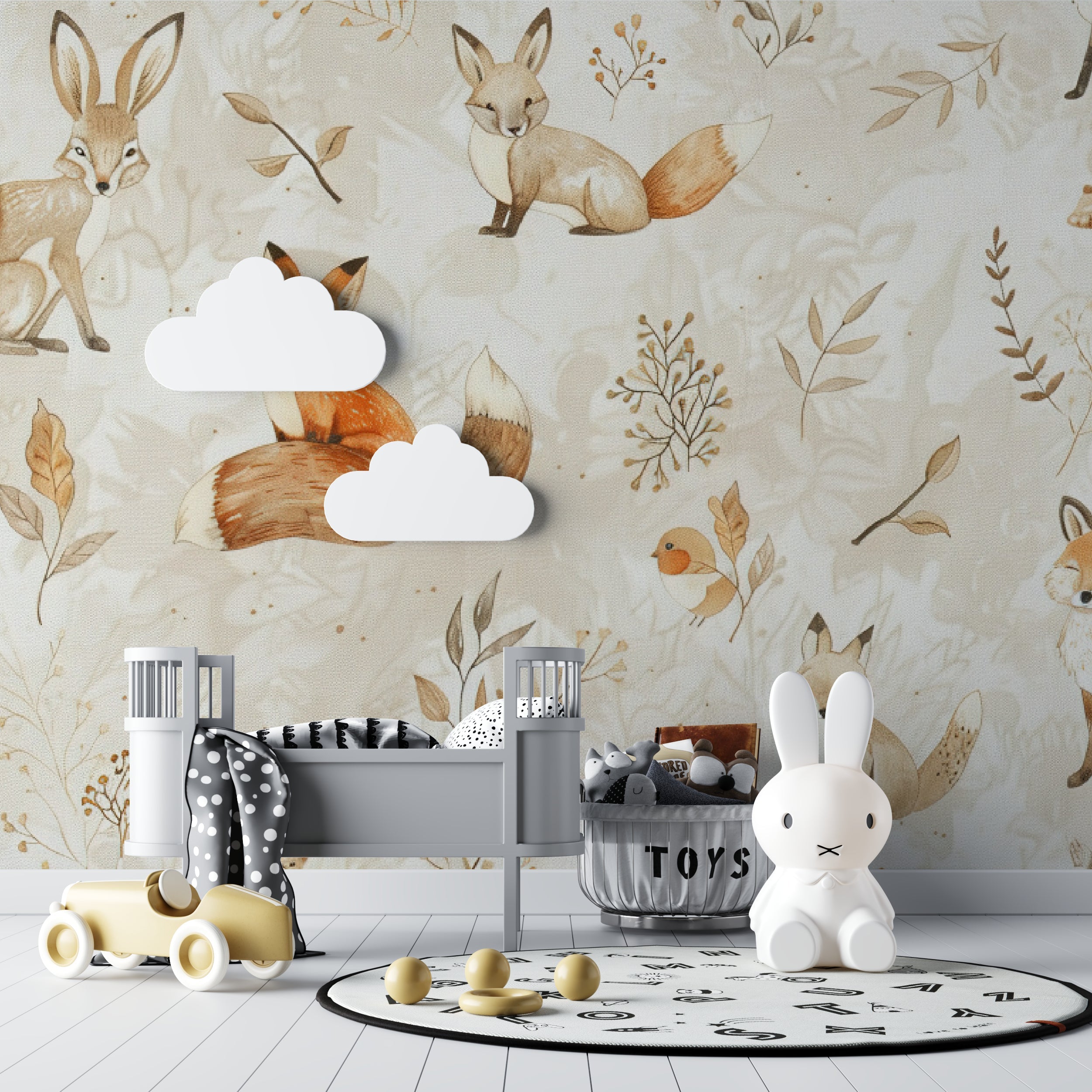 Forest animals wallpaper creating calm atmosphere in toddler's bedroom