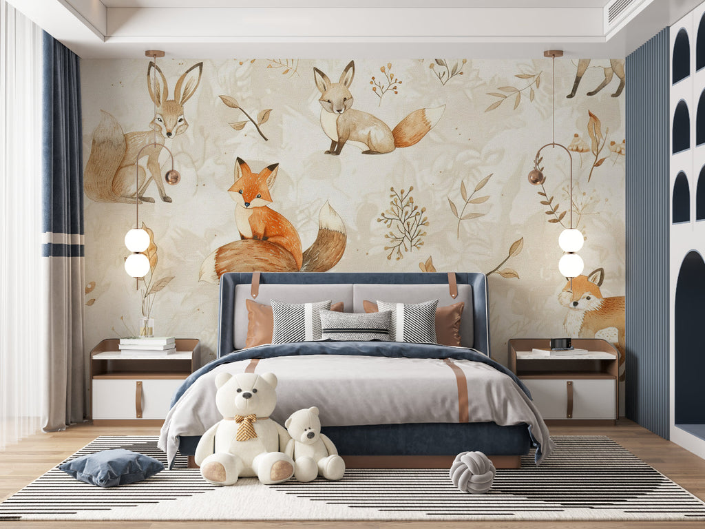 Woodland animal mural creating cozy reading nook in children's bedroom