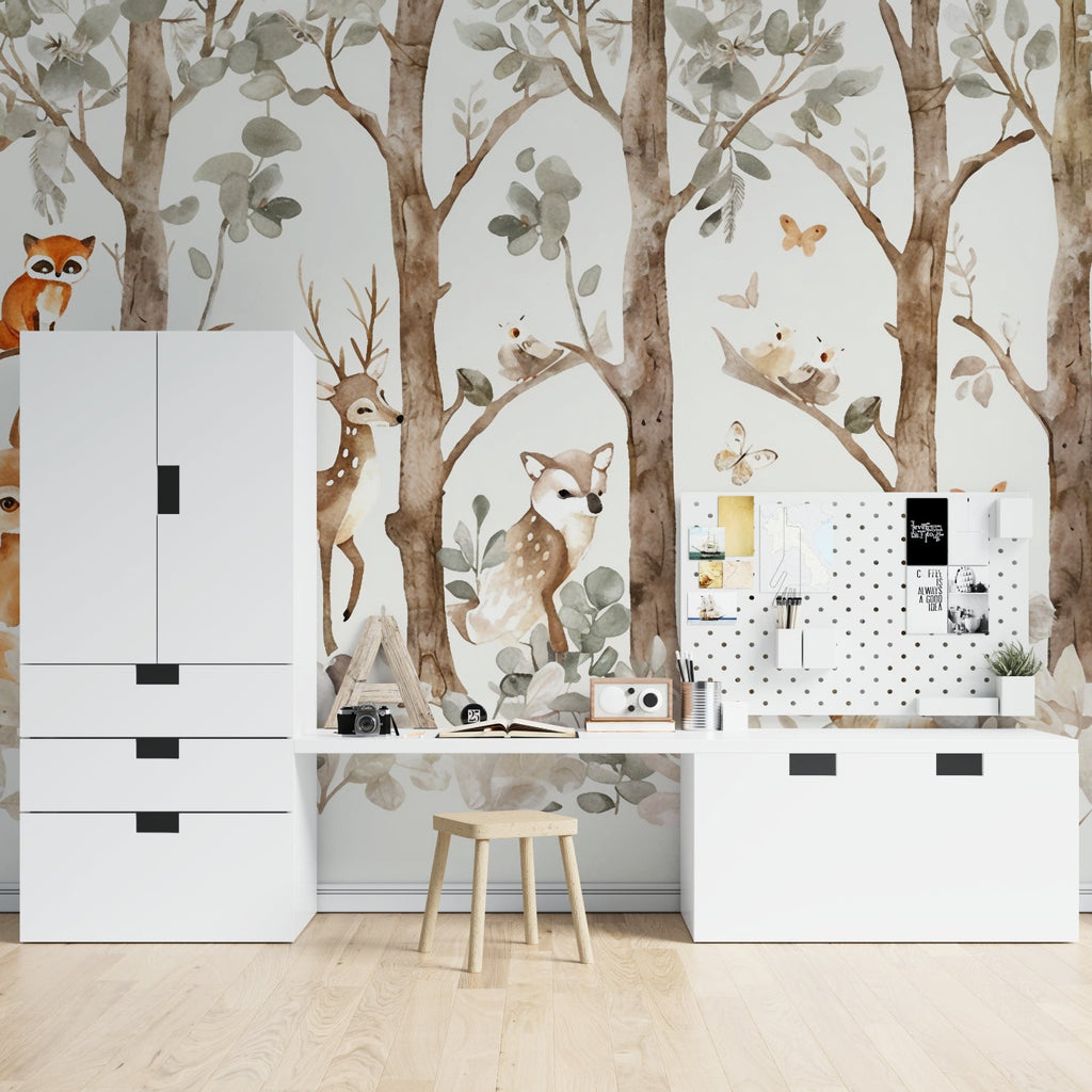Forest Animals Mural brightening a cozy reading nook with soft natural lighting