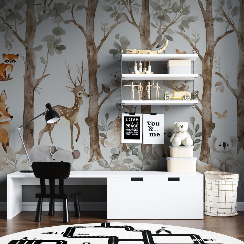 Woodland Mural adding charm to a baby's nursery with neutral decor