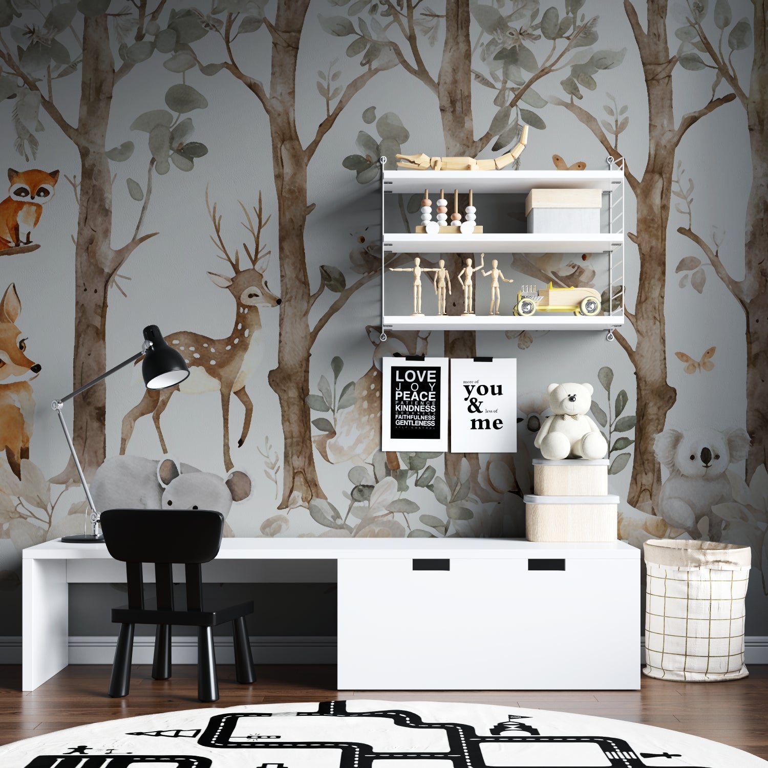 Woodland Mural adding charm to a baby's nursery with neutral decor