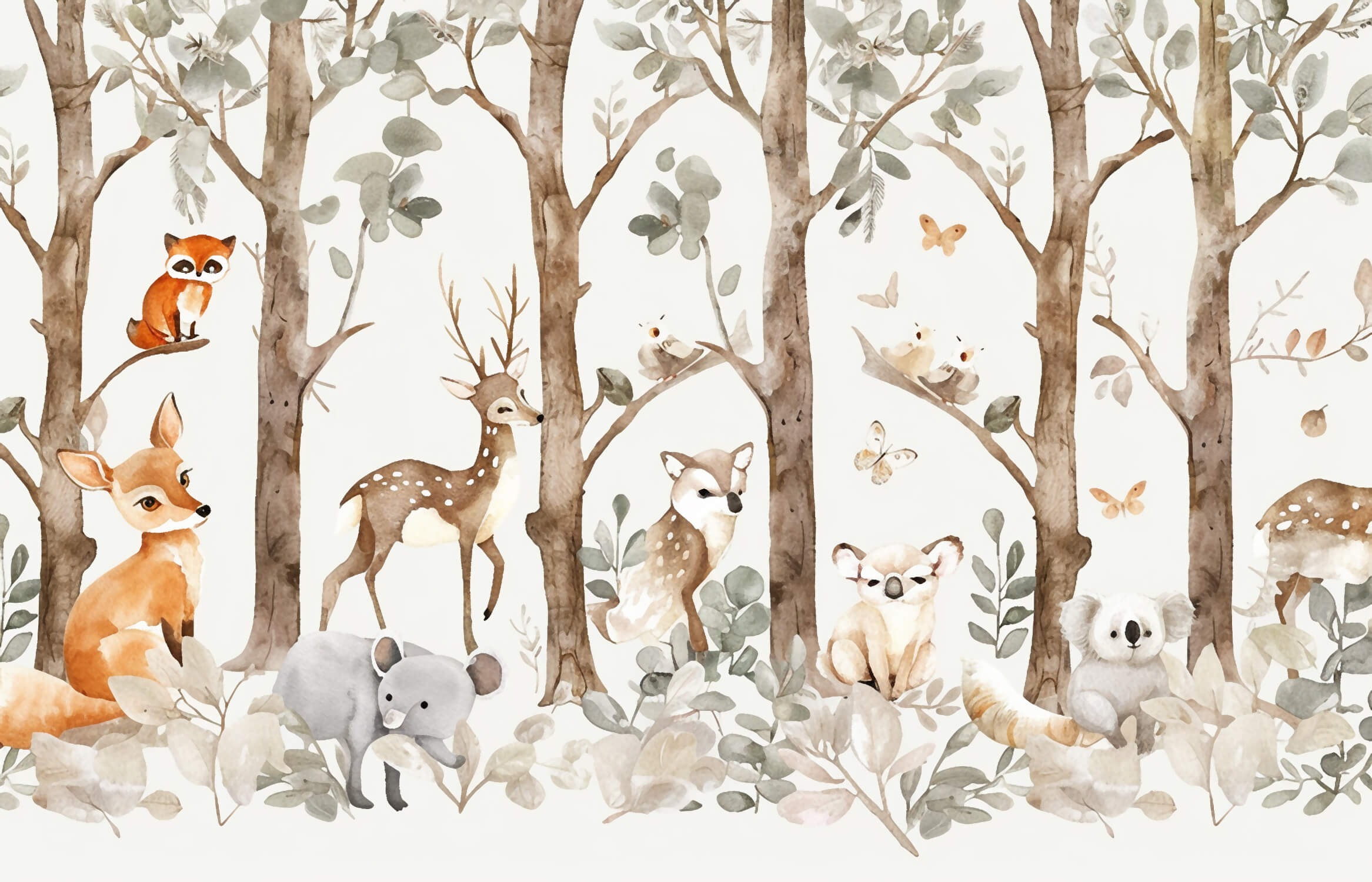 Forest Animals Wallpaper design file showing full watercolor pattern with fox, deer and floating butterflies