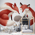 Forest animals wallpaper creating a cozy atmosphere in a modern nursery with fox and hedgehog design