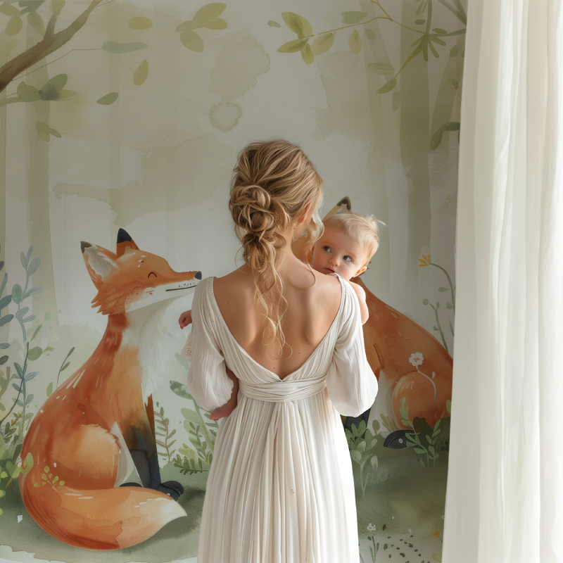 Woodland wallpaper brightening up a baby's room with soft natural lighting