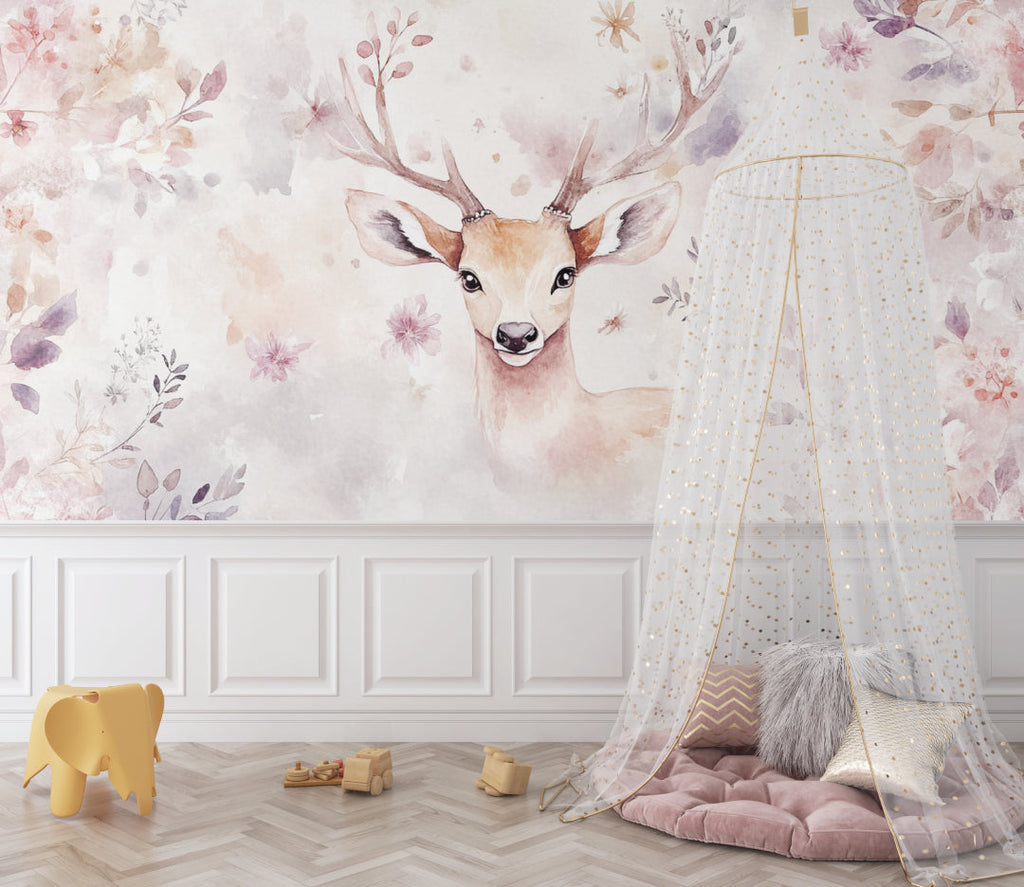 Forest animal mural in playroom setting showing full wall application