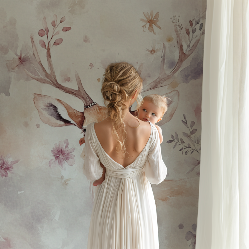 Whimsical animals wallpaper in baby nursery with crib and mobile