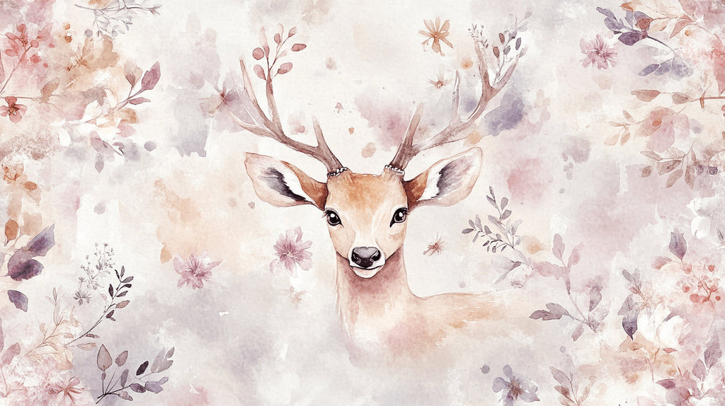 Design file showing detailed forest animals pattern with deer, owl, and watercolor elements