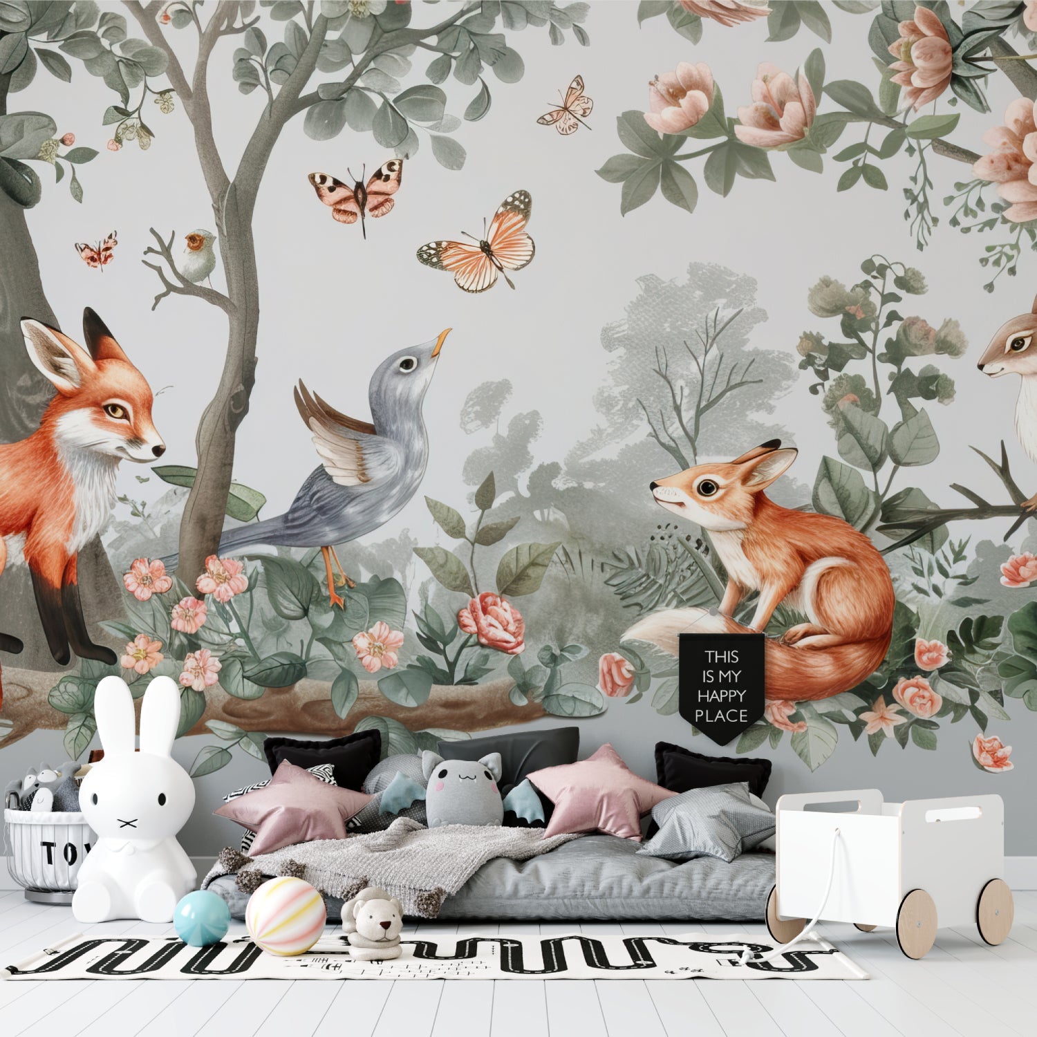 Whimsical fox wallpaper in Scandinavian-style kids bedroom