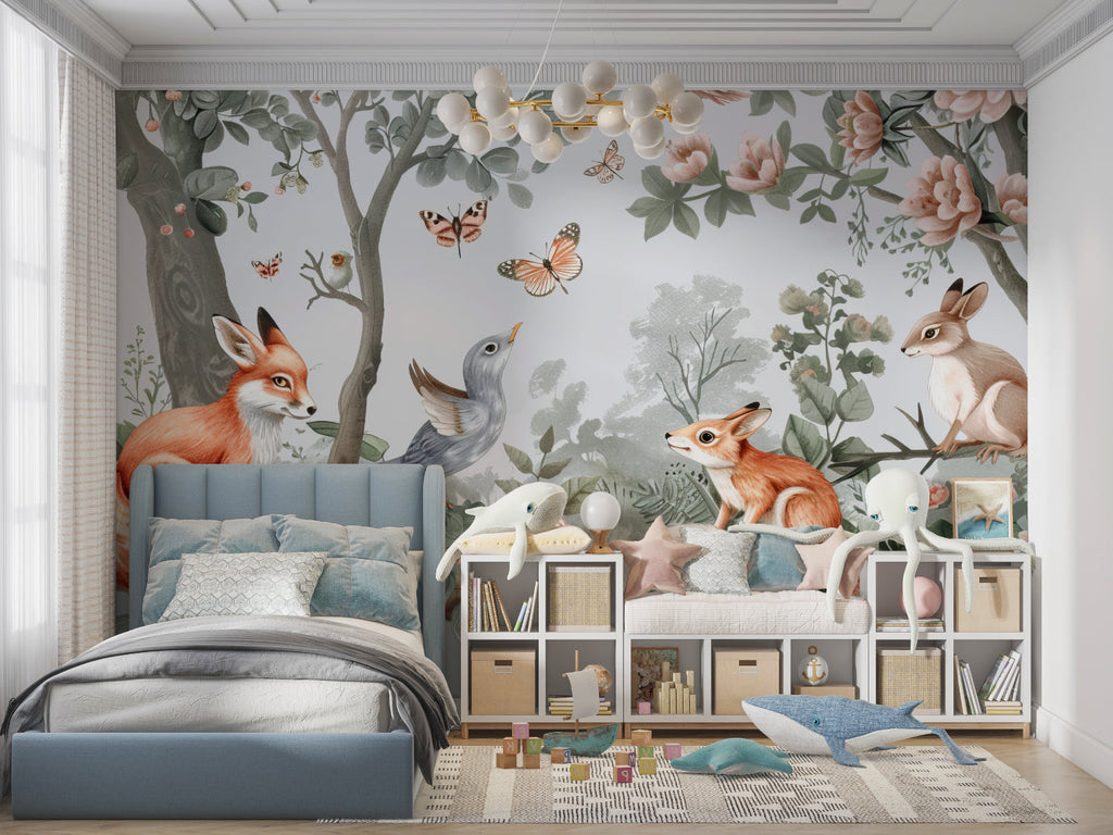 Nature-inspired mural in baby room with minimal furniture