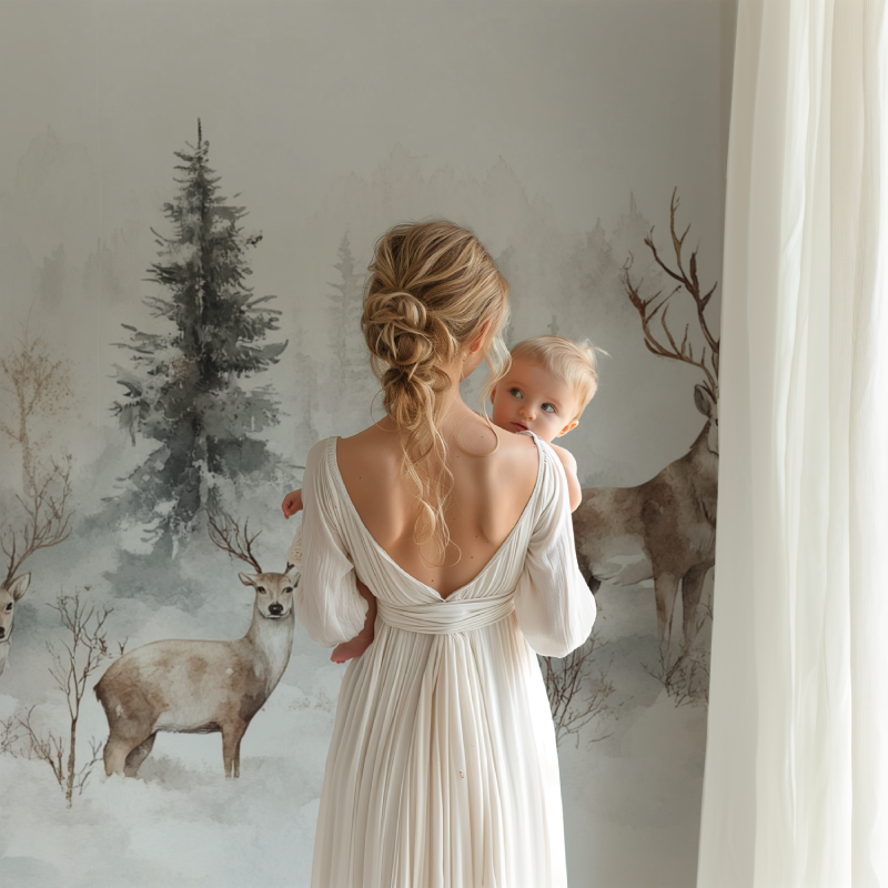 Forest deer wallpaper in a modern living room showing three majestic deer among misty pine trees