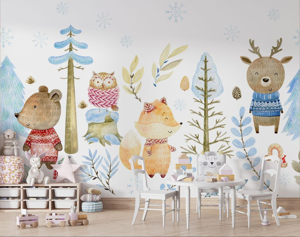 Cozy Winter Forest Animals Wallpaper in modern Scandinavian nursery with white furniture