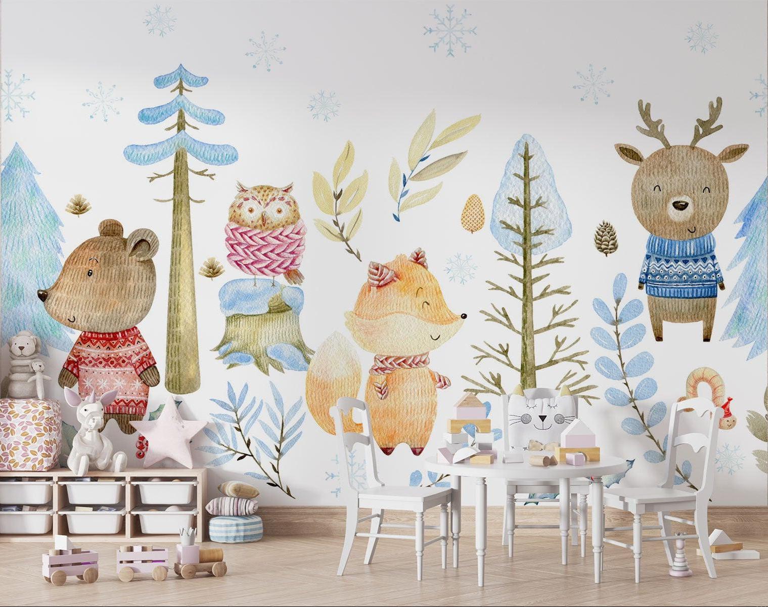 Cozy Winter Forest Animals Wallpaper in modern Scandinavian nursery with white furniture