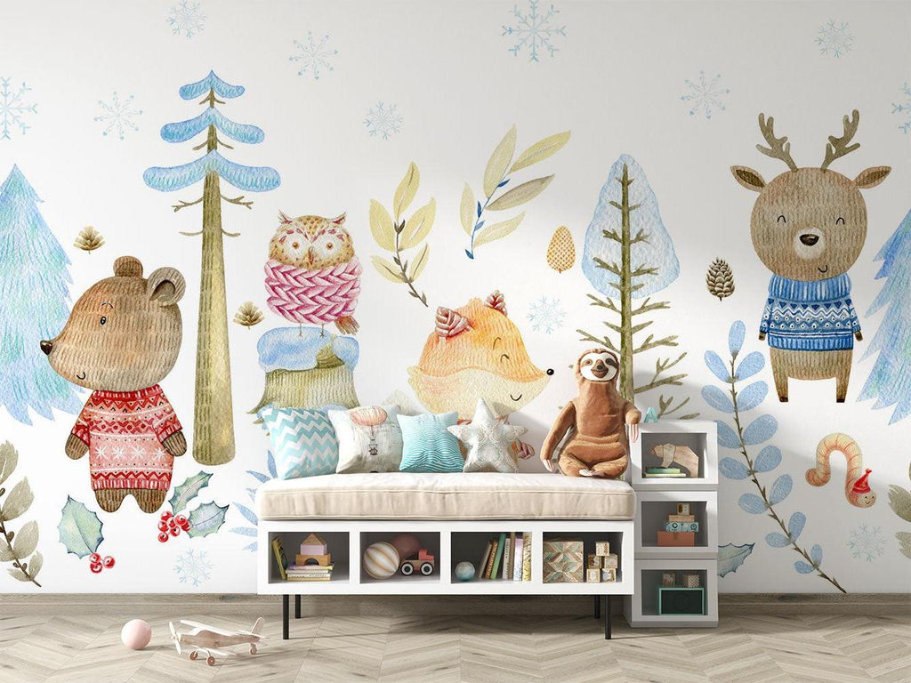 Winter Woodland Mural in child's reading nook with soft cushions