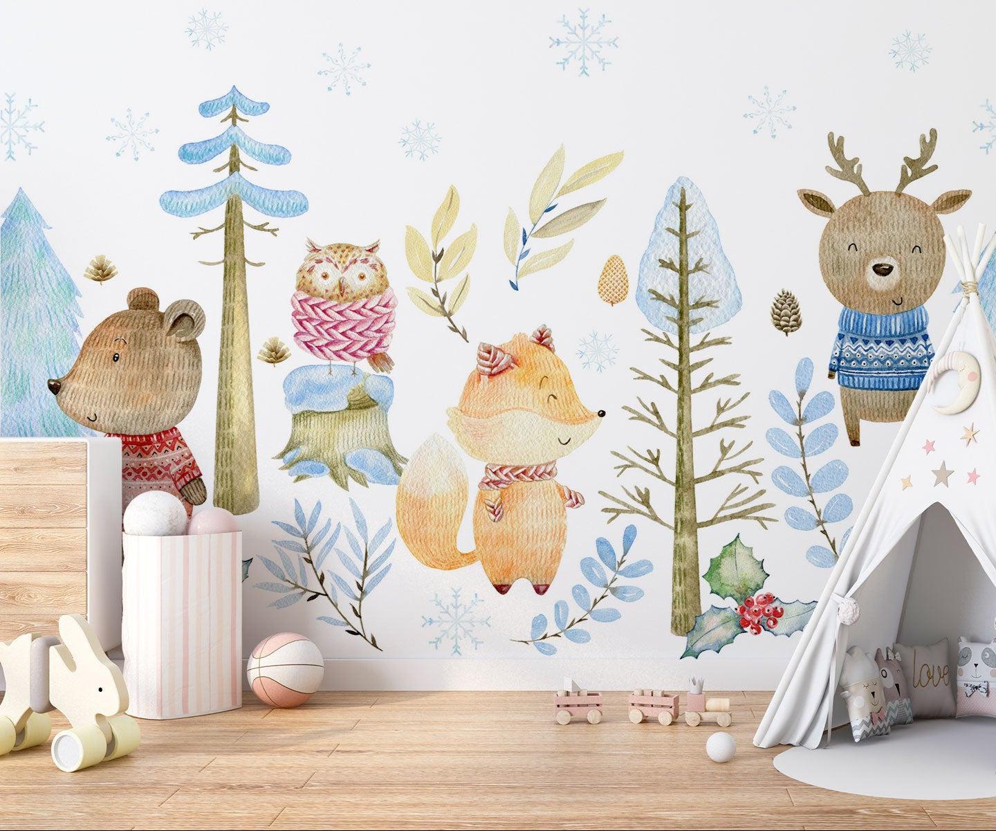 Winter Forest Mural in playroom with natural wooden toys