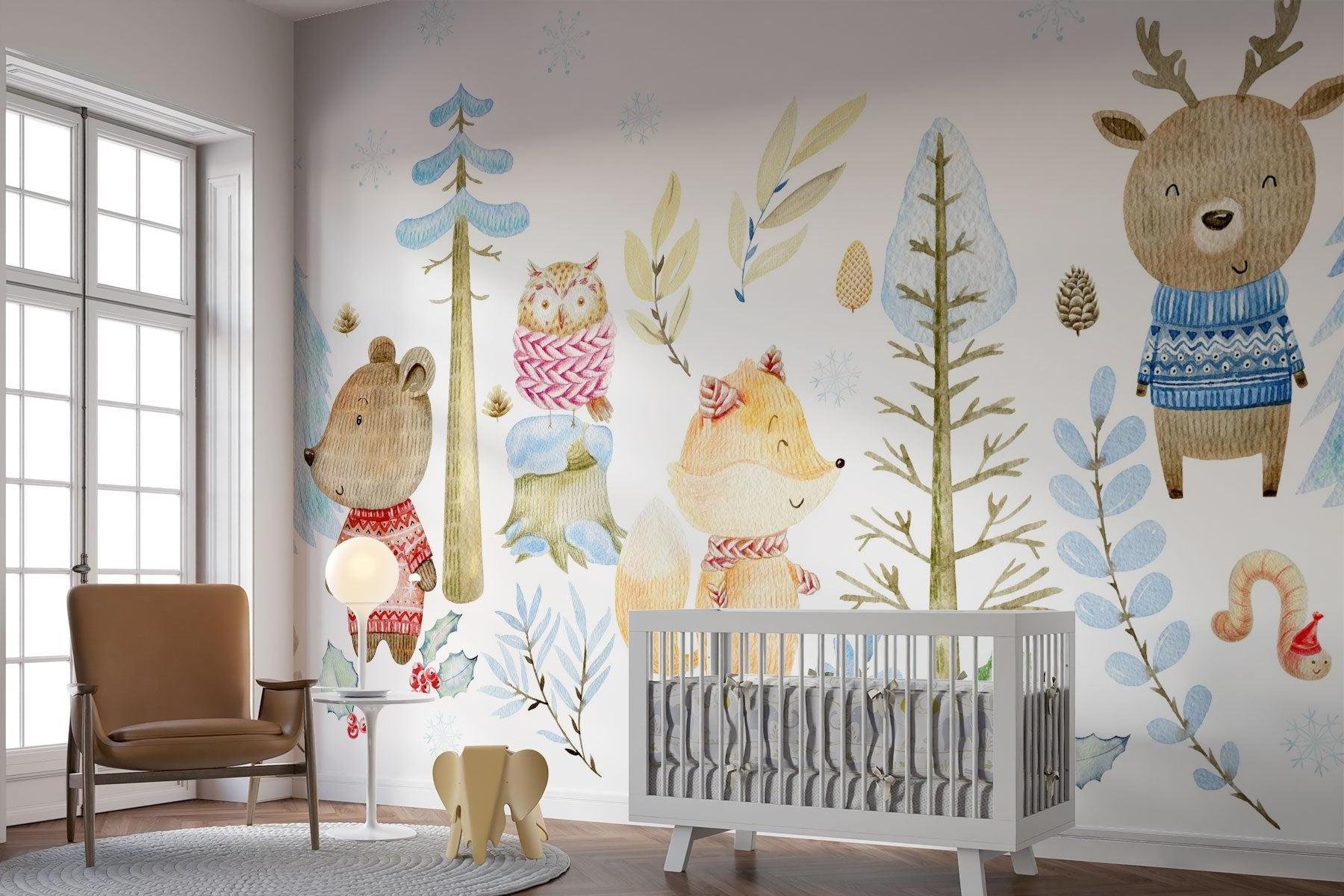 Woodland Animals Wallpaper in baby nursery with rocking chair