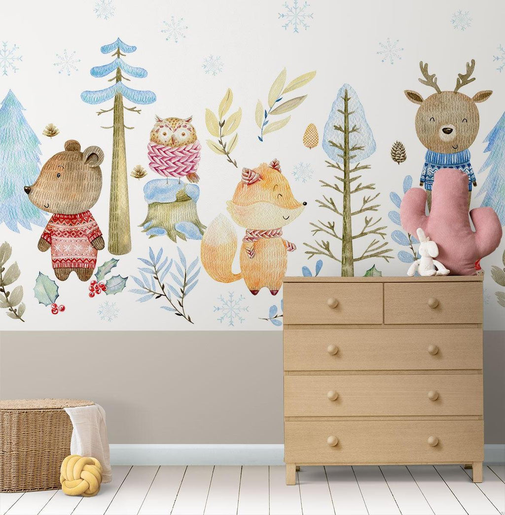 Winter Forest Animals Mural in children's bedroom with white bed
