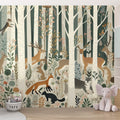 Forest animals wallpaper in bright nursery showing deer and foxes among birch trees, creating a peaceful woodland atmosphere