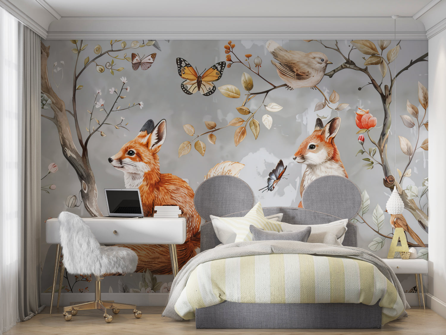 Forest creatures mural making a statement in a minimalist playroom setting