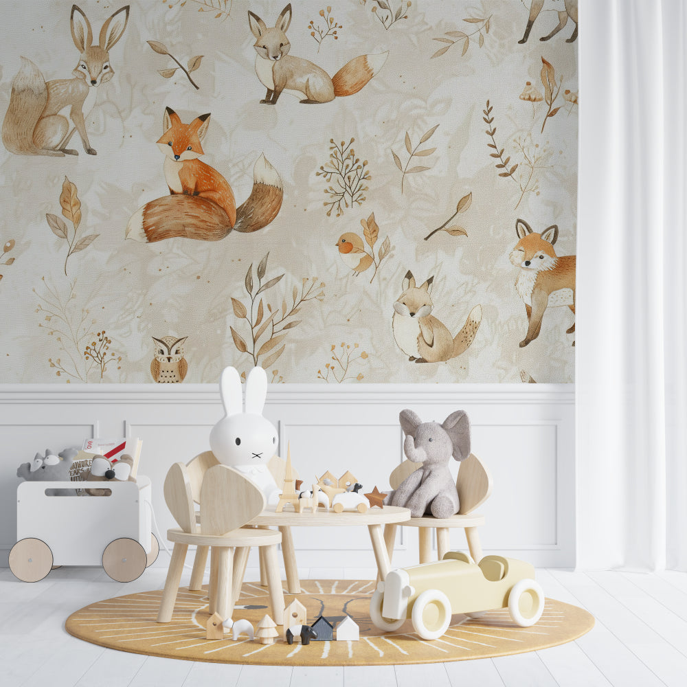 Woodland animals mural in modern baby room with minimal furniture