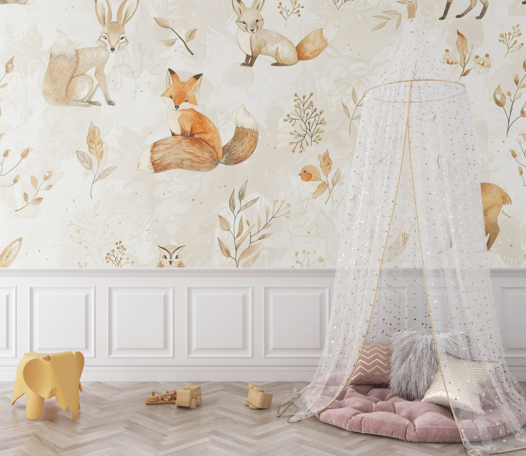 Fox wallpaper design enhancing baby's nursery with soft earth tones