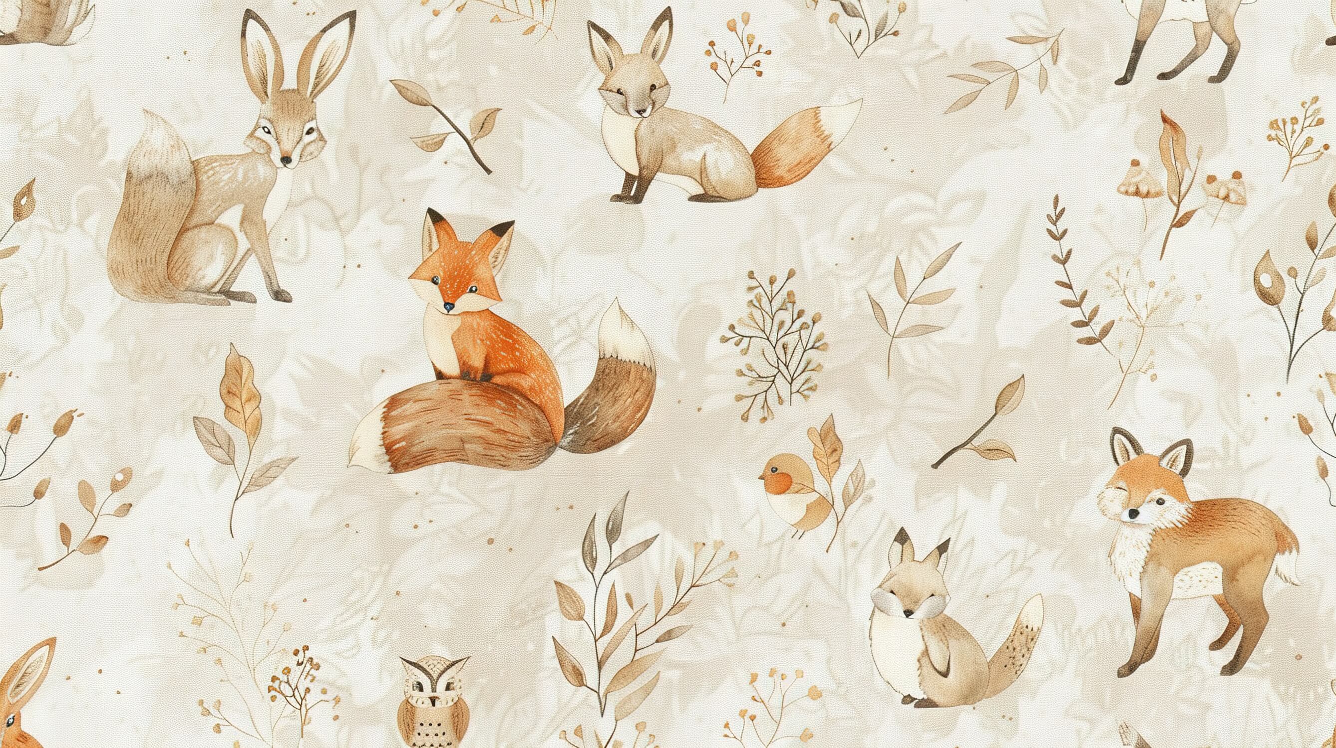 Design file showing detailed woodland fox and forest friends pattern in watercolor style