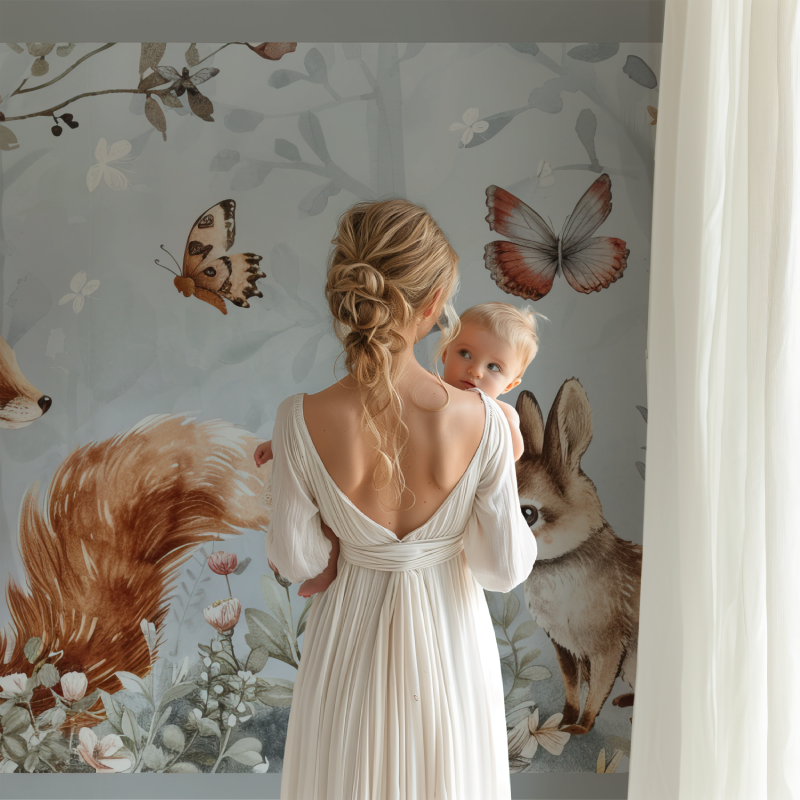 Forest creatures mural showcased in a playroom with natural wood accents