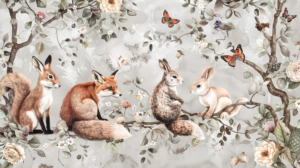 Forest animals wallpaper design file showing detailed fox and rabbit pattern with butterflies