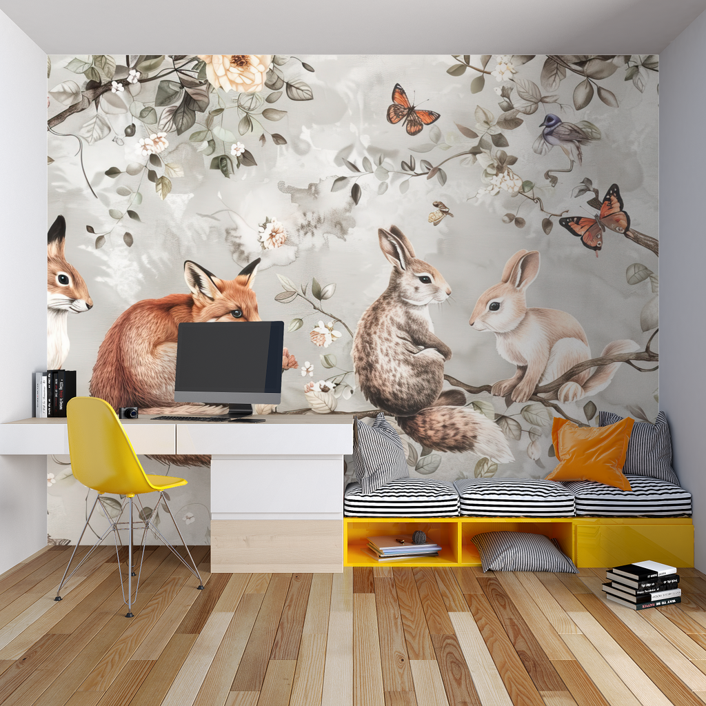 Forest animal wallpaper creates cozy reading nook with soft neutral tones
