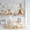 Woodland Fox Mural Wallpaper in cozy nursery with natural wood furniture and soft textiles