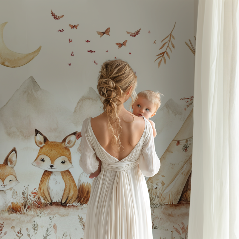 Woodland theme nursery with fox mural wallpaper and matching decor elements
