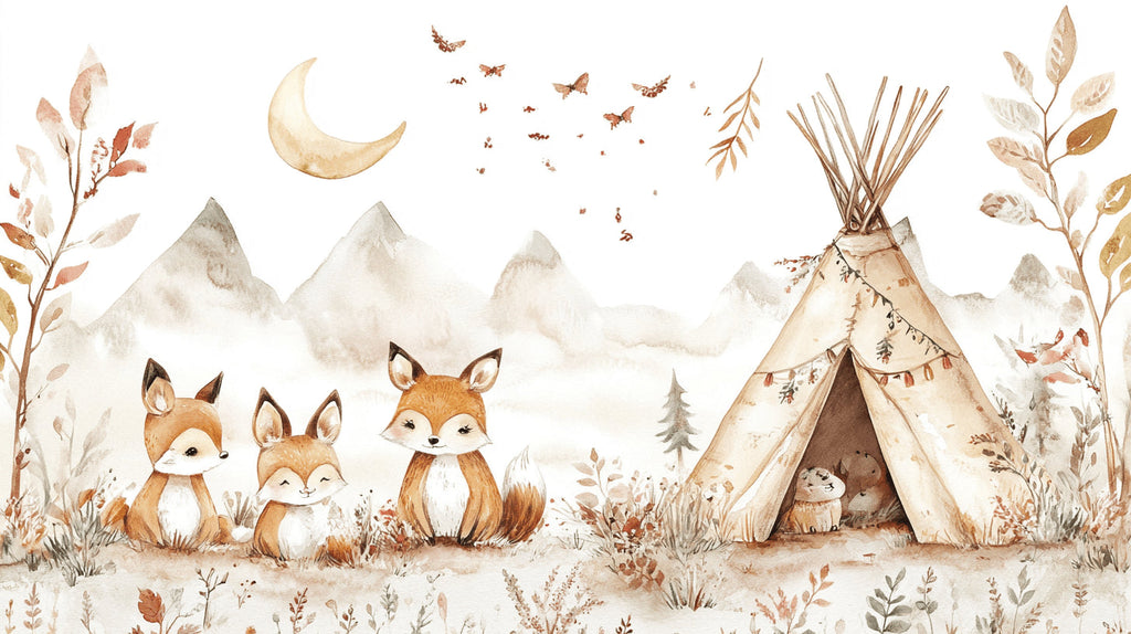 Forest Animals Mural design file showing full pattern with foxes and teepee illustration