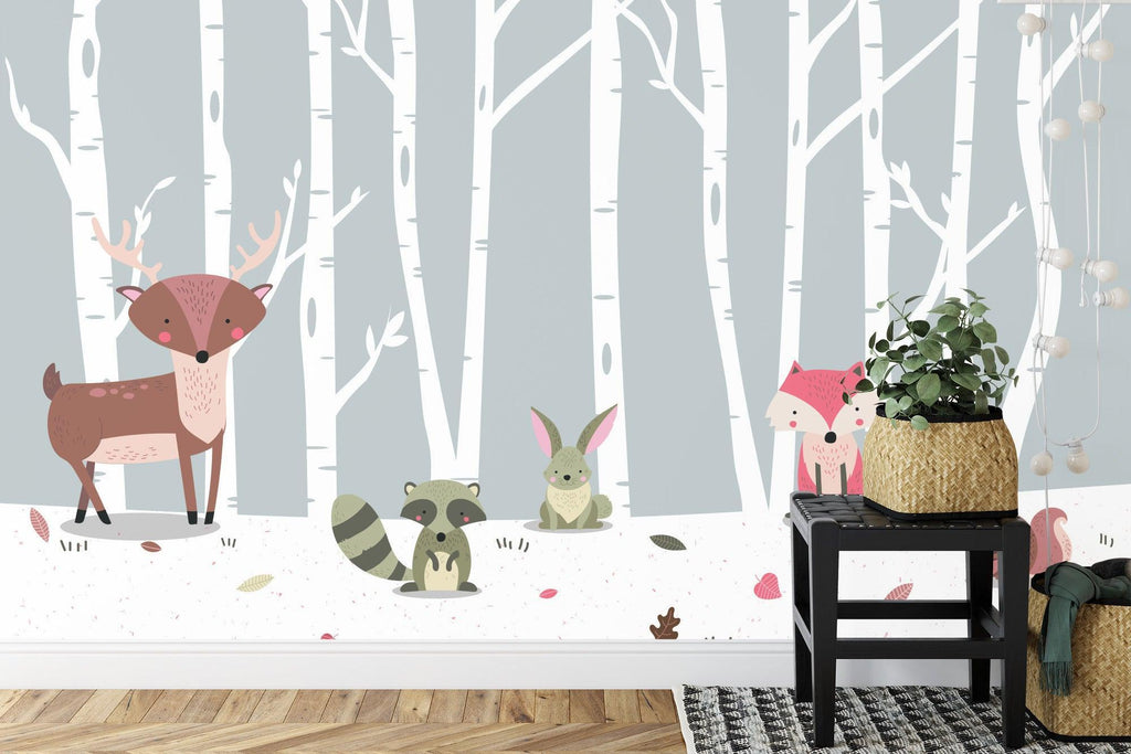 Forest Animals Wallpaper creating a cozy atmosphere in a modern nursery with white furniture and natural decor