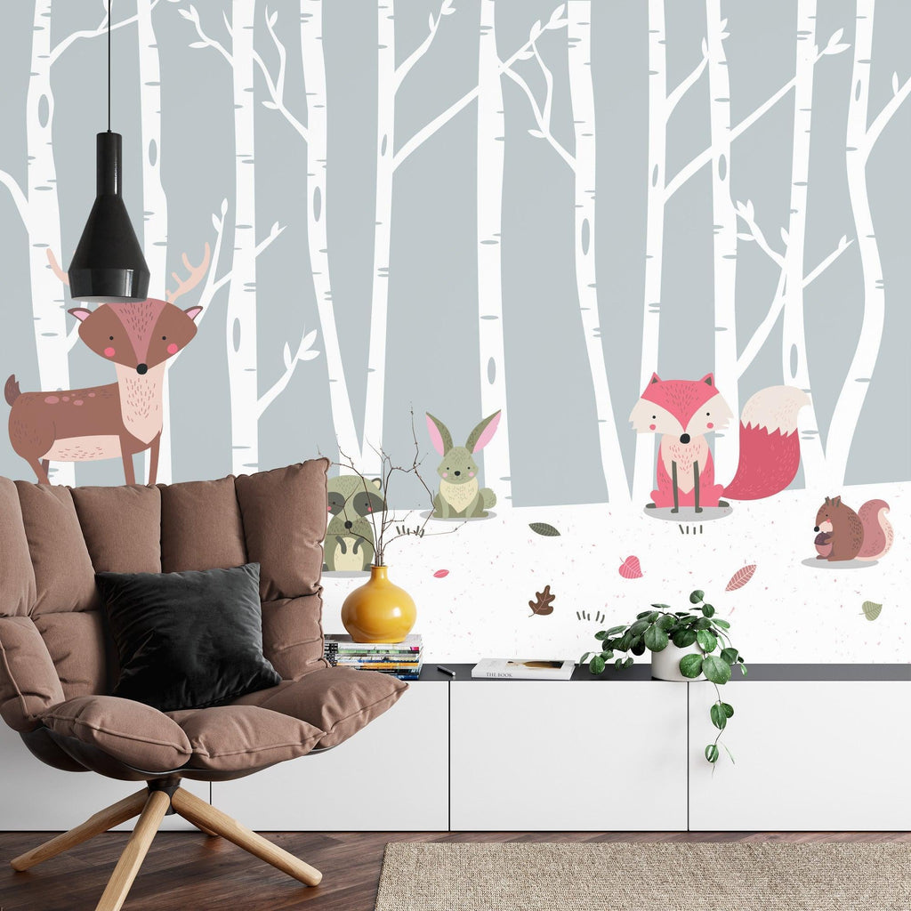 Woodland Friends Wallpaper bringing charm to a kids bedroom with wooden elements and soft lighting
