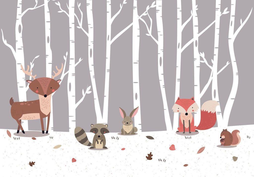 Forest Animals Wallpaper design file showing detailed woodland creatures among birch trees on gray background