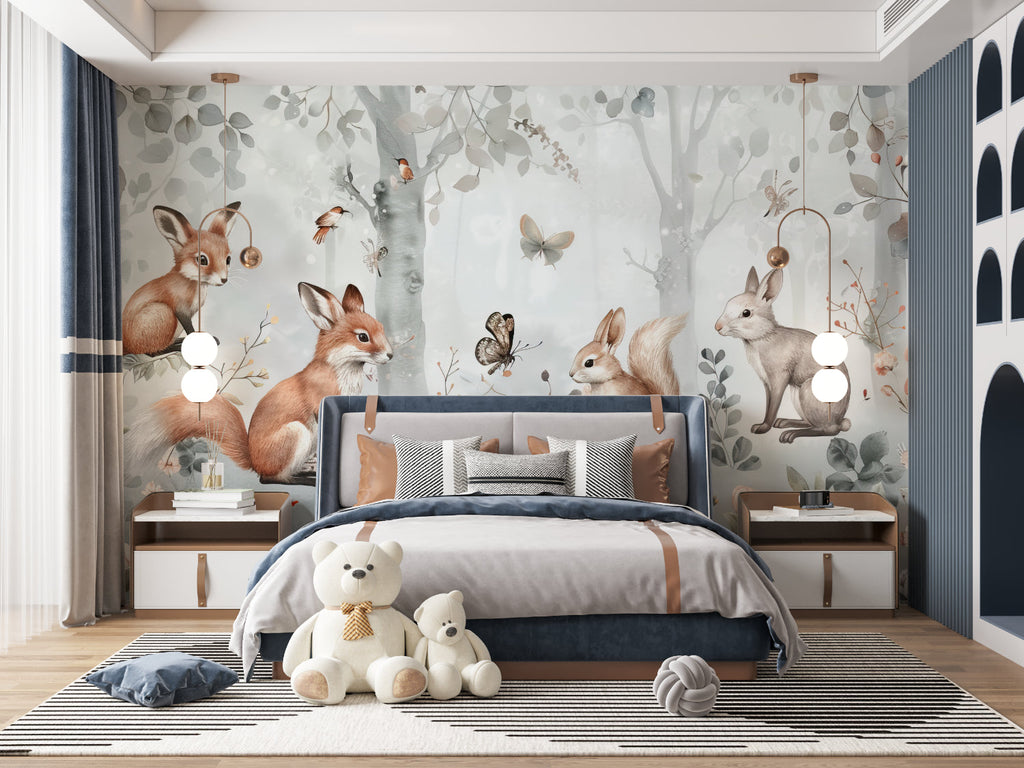 Watercolor Forest Mural in reading nook with comfortable seating