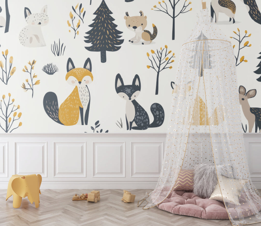 Forest animals wallpaper creating a cozy atmosphere in a modern nursery with yellow and grey accents