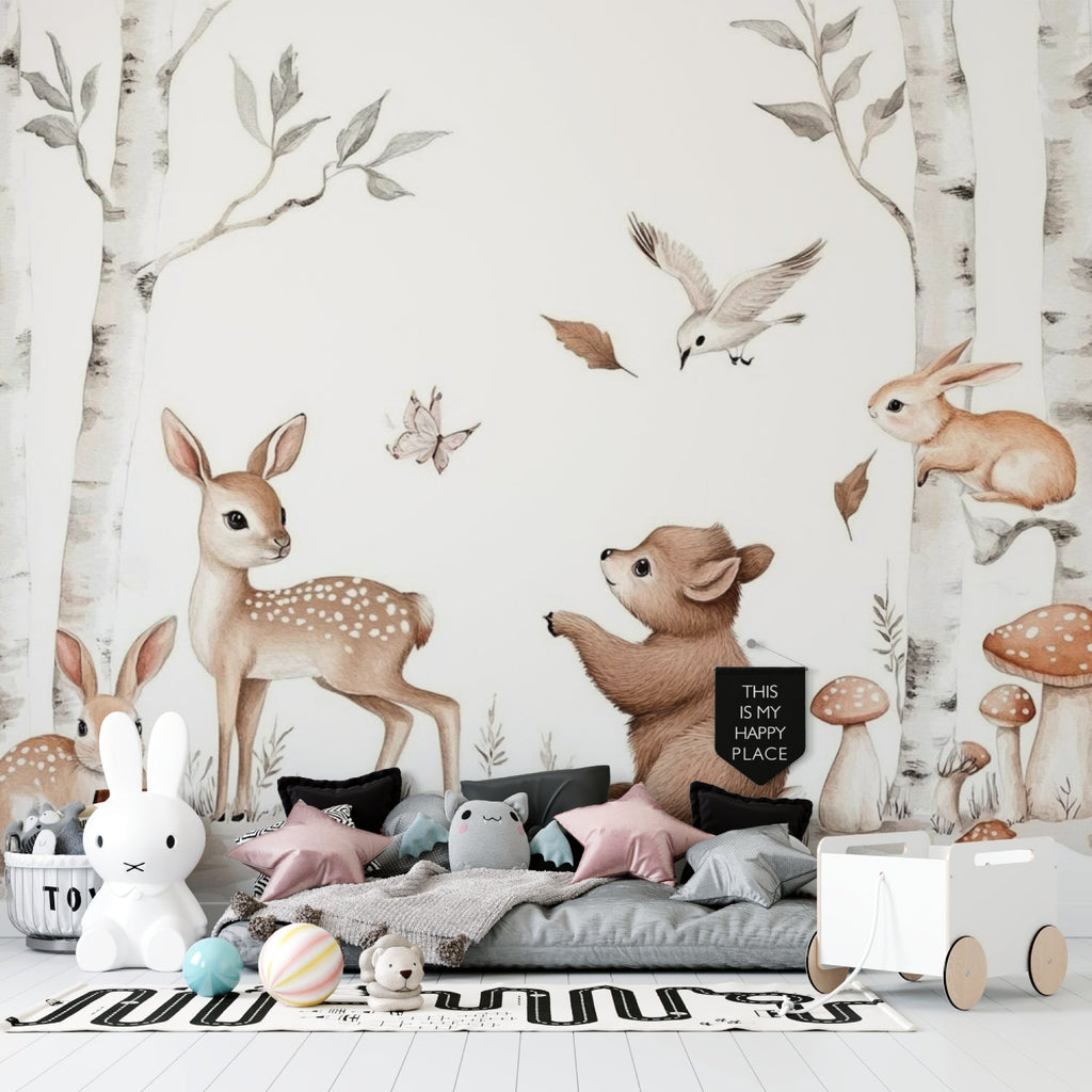 Forest animal mural creating a peaceful atmosphere in a toddler's bedroom