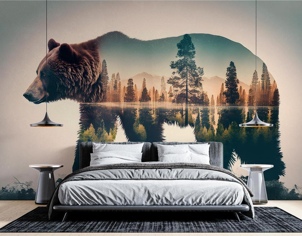 Forest bear wallpaper creating a cozy atmosphere in a modern living room with minimal furniture
