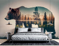 Forest bear wallpaper creating a cozy atmosphere in a modern living room with minimal furniture